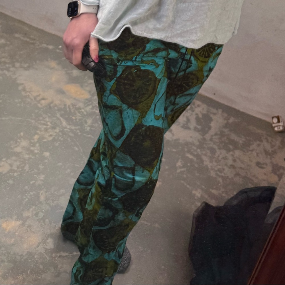 Handmade Casual Relaxed Teal and Black Abstract Print Drawstring Pants Boho - Picture 3 of 8